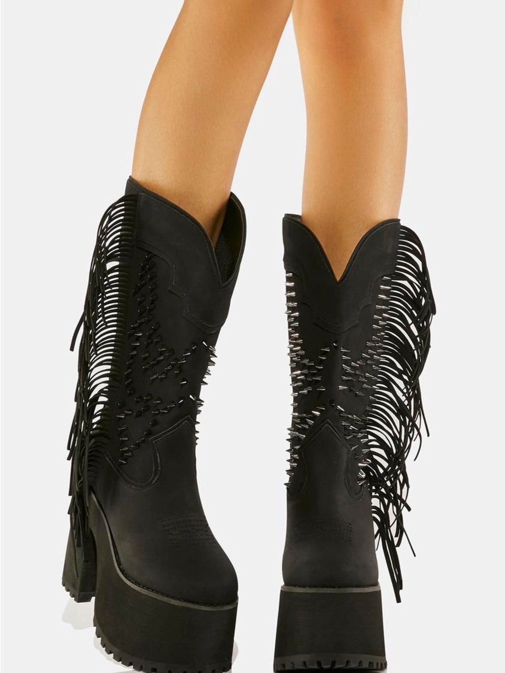YRU Black Fringe Spike Platform Western Boots